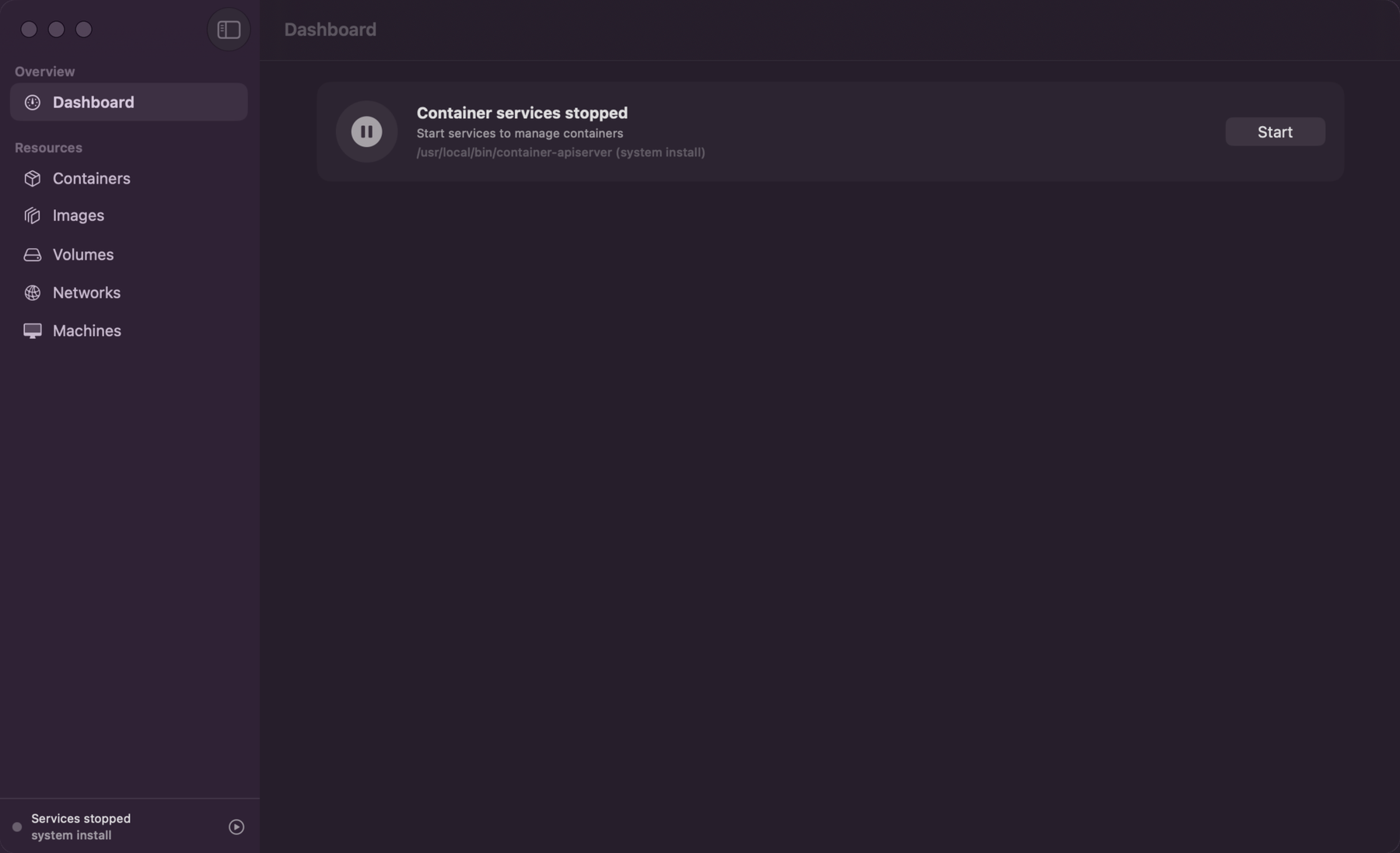 Davit's dashboard — container services stopped Davit’s dashboard showing container services stopped, with a sidebar for Containers, Images, Volumes, Networks, and Machines
